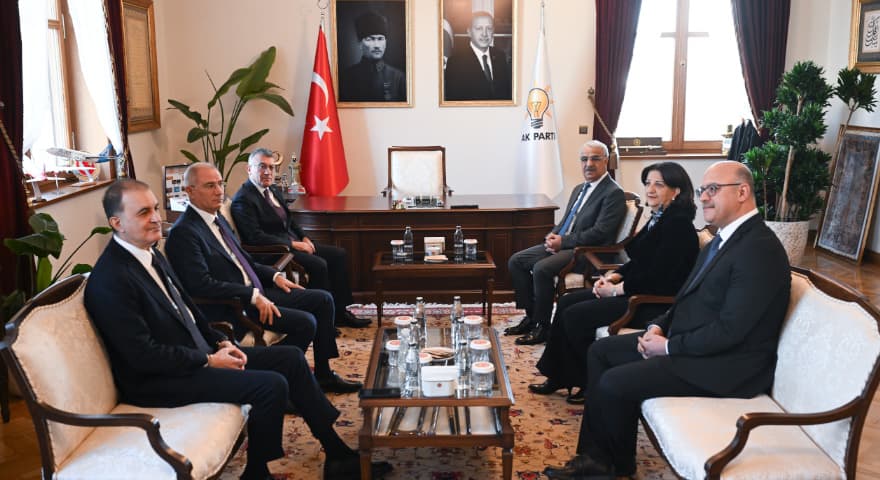 DEM Parti Van Milletvekili Pervin Buldan, DEM Parti Şanlıurfa Milletvekili Mithat Sancar ve avukat Faik Özgür Erol'dan oluşan DEM Parti heyeti (sağda), AK Parti Meclis Grup Başkanlığını ziyaret ederken. / Foto: Arşiv