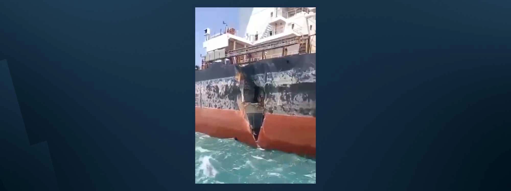 Footage showing a heavily damaged oil tanker in the Strait of Hormuz. Photo: Sabreen News telegram channel