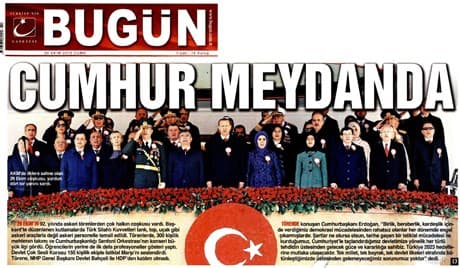 The cover of Bugun newspaper on Friday. Turkish media