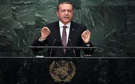 Turkey's President Recep Tayyip Erdogan addresses the 71st session of the United Nations General Assembly in New York. AP photo