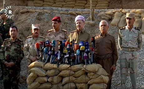 President Masoud Barzani speaking on the Khazir frontline. Photo: Rudaw video