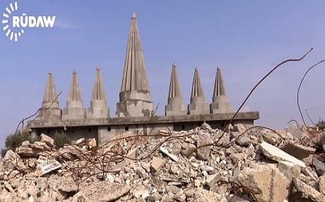 A destroyed shrine of Yezidis in the town of Babire in Shingal. Photo: Rudaw Video