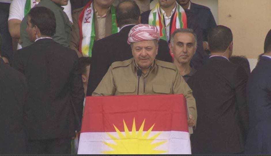 Kurdistan Region President Masoud Barzani addressing independence referenudm supporters during a rally at Duhok stadium. Photo: Rudaw