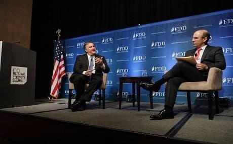 CIA head Mike Pompeo (left) speaks with interviewer Juan C. Zarate at a Foundation for Defense of Democracies event on Thursday in Washington, D.C. Photo: FDD