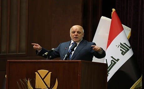 Iraq Prime Minister Haider al-Abadi gestures during a press conference in Baghdad on Dec. 9, 2017. Photo: AP Photo/Karim Kadim