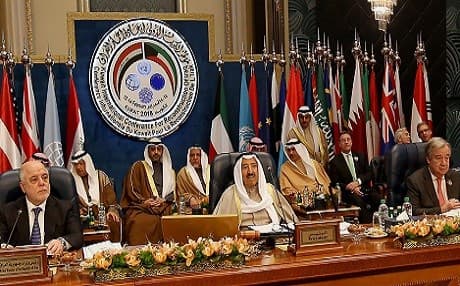 Iraqi Prime Minister Haider al-Abadi (L), Emir of Kuwait Sheikh Sabah al-Ahmad al-Jaber al-Sabah (C), and UN Secretary-General Antonio Guterres (R) attend the Kuwait donor conference on Wednesday. Photo: Yasser al-Zayyat/AFP