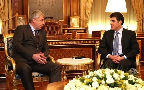 Russian Ambassador to Iraq Maksim Maksimov speaks with KRG Prime Minister Nechirvan Barzani on Tuesday. Photo: KRG