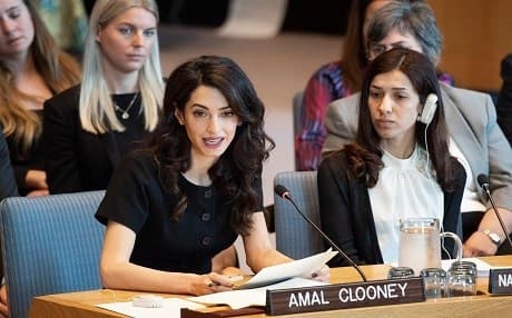 Amal Clooney, a barrister, addresses the UN Security Council meeting on women and peace and security, with a focus on sexual violence in conflict on April 23, 2019. At right is Nadia Murad, Nobel Peace Prize Laureate and Goodwill Ambassador for the Dignity of Survivors of Human Trafficking of the United Nations Office on Drugs and Crime. Photo: UN Media Centre