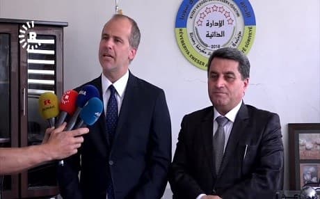 Christine Netland (left), a representative of the Norwegian Foreign Ministry, speaks to reporters along with by Abdulkarim Omar, the co-chair of the Foreign Relations Department of the Autonomous Administration of North and East Syria in Ayn Issa, Syria, on June 2, 2019. Photo: Rudaw video