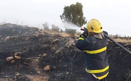 Civil defense personnel tackle flames near Mosul’s Mashraq substation around dawn, June 15, 2019. Photo: Iraq’s General Civil Defense / social media