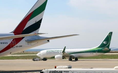 Emirates Airline and Iraqi Airlines planes at Rafik Hariri International airport, Beirut, November 21, 2015. File photo: Anwar Anro / AFP