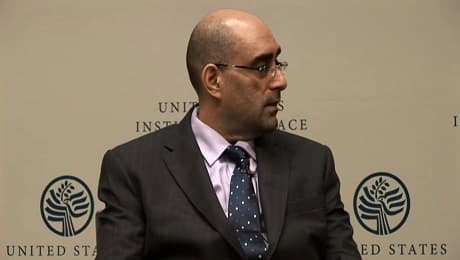Dr. Elie Abouaoun speaks on the decline of Islamic State at a panel event in Washington D.C. in 2017. Photo: United States Institute of Peace video on social media