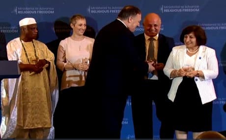 US Secretary of State Mike Pompeo presenting William and Pascale Warda with the International Religious Freedom Award on July 17, 2019. Photo: Rudaw video