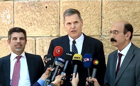 US Ambassador to Baghdad Mathew Tueller (C) announces half a million dollars in funding for the Temple of Lalish restoration alongside US Consul General to Erbil Steve Fagin (L), and the representative of the Yezidi Mir Hazim Mir Tahsin Beg in Lalish, Duhok province, July 18, 2019. Photo: Rudaw TV