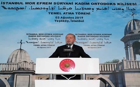 Turkish President Recep Tayyip Erdogan speaking at the groundbreaking ceremony for the Mor Efrem Church in Istanbul on August 3, 2019. Photo: Presidency of the Republic of Turkey