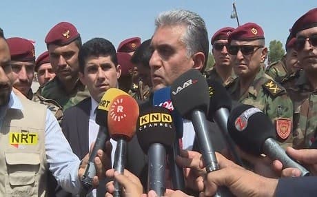 Kurdistan Regional Government (KRG) Interior Minister Rebar Ahmed speaking to reporters in Erbil on August 27, 2019. Photo: Rudaw TV