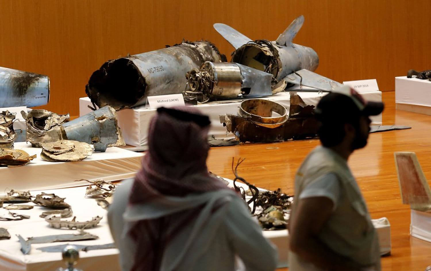 The Saudi military displays what they say are an Iranian cruise missile and drones used in recent attack on its oil industry at Saudi Aramco's facilities in Abqaiq and Khurais, during a press conference in Riyadh, Saudi Arabia, September 18, 2019. Photo: Amr Nabil / AP