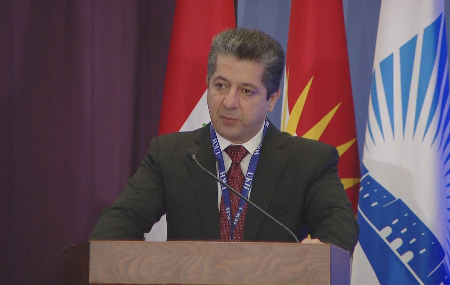 Masrour Barzani, Prime Minister of the Kurdistan Regional Government (KRG), addresses the University of Kurdistan Hewler's 2nd International Conference titled ‘The KRG’s Emerging Strategy for Stability in Iraq and the Region’ in Erbil, October 2, 2019. Photo: Rudaw TV
