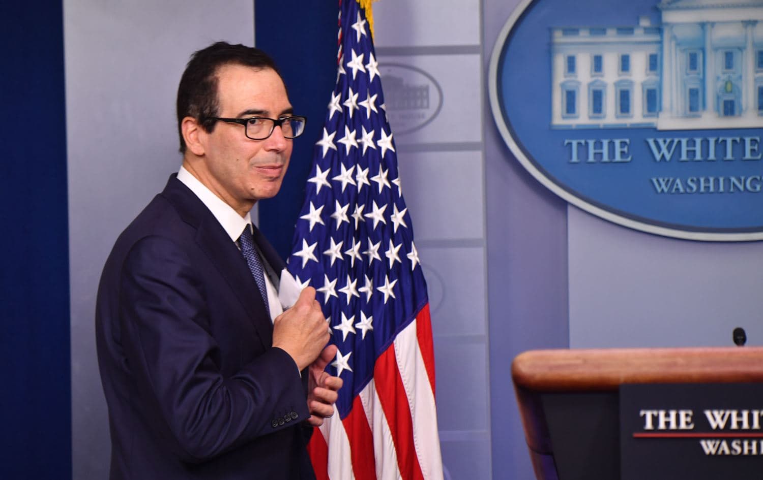 US Secretary of the Treasury Steven Mnuchin arrives to speak in the briefing room of the White House in Washington, DC, on Octopber 11, 2019. Nicholas Kamm/AFP