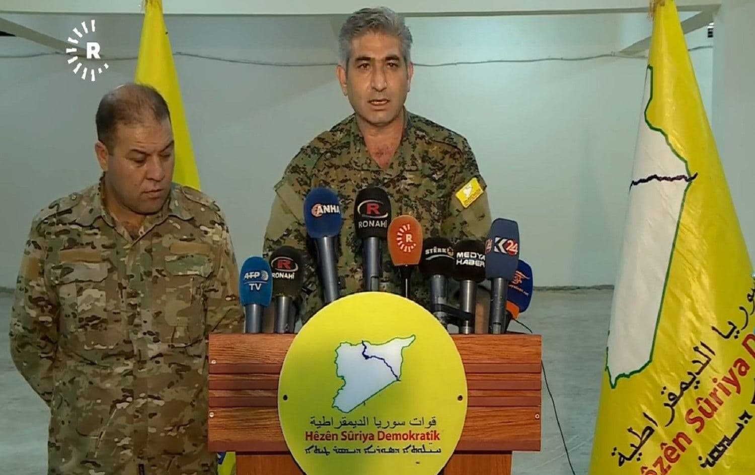 SDF commander Redur Khalil makes an appeal to the international community for the establishment of a no-fly zone on October 12, 2019. Photo: Rudaw TV