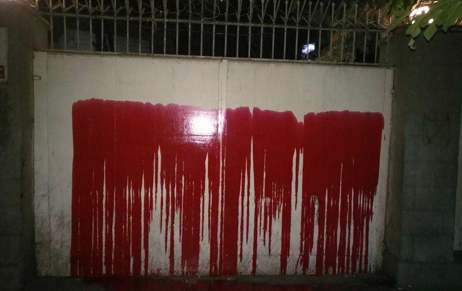Red paint resembling blood was splashed on the gates of the Turkish embassy in Iran's capital Tehran on Saturday, October 12, 2019. Photo: submitted