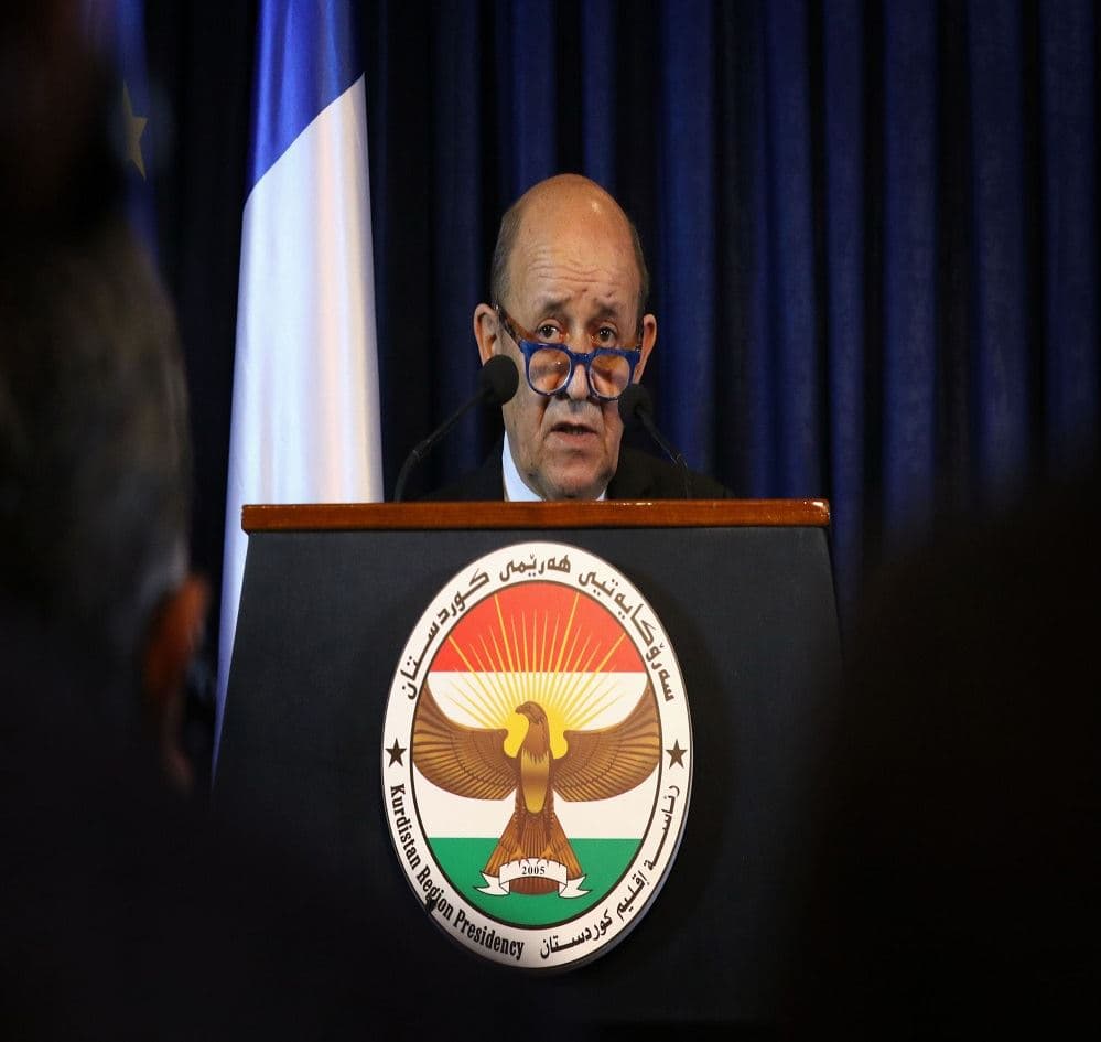 French Foreign Minister Jean-Yves Le Drian speaks during a joint presser with President of the Regional Government of Iraqi Kurdistan in Erbil,October 17, 2019. Photo: Safin Hamed/AFP