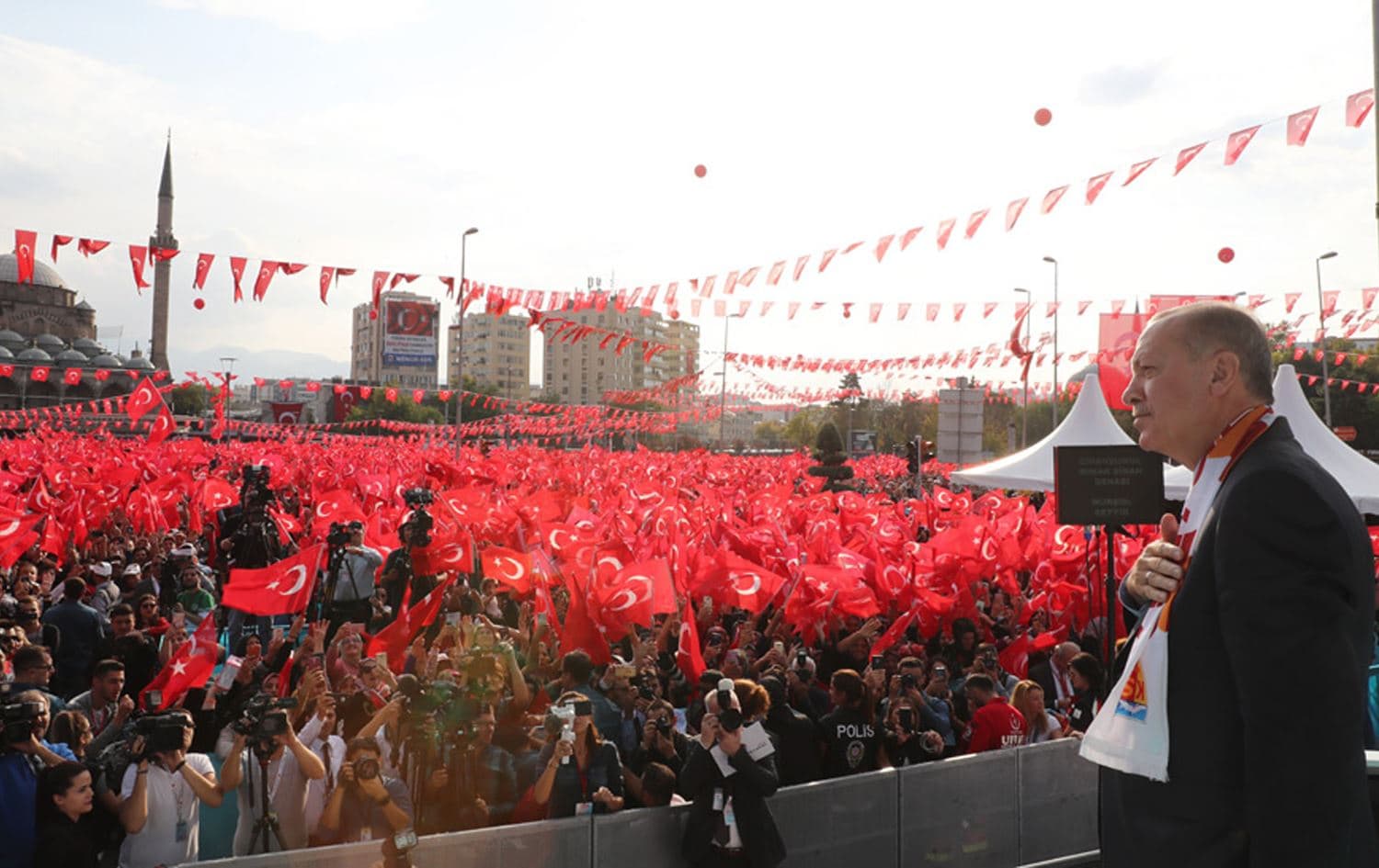 Turkish President Recep Tayyip Erdogan gestures in front of a crowd at an event in Kayseri, central Turkey on October 19, 2019. Photo: Turkish presidency