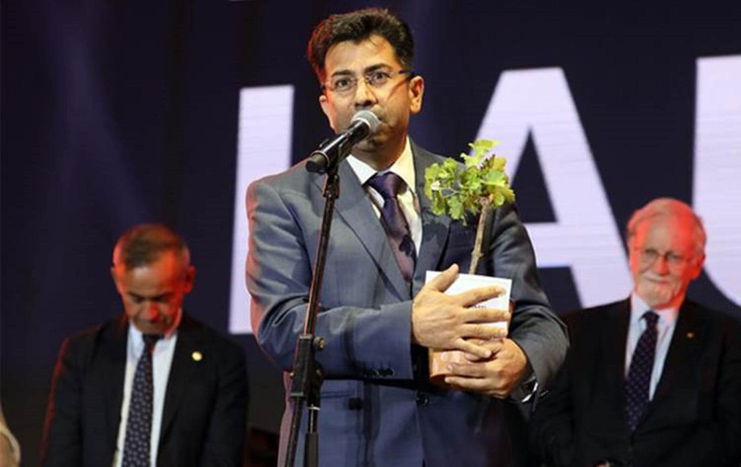 Mirza Dinnayi receives the 2019 Aurora Prize at the 2019 Aurora Forum on October 19, 2019 in Yerevan, Armenia. Photo:Victor Boyko/Getty Images