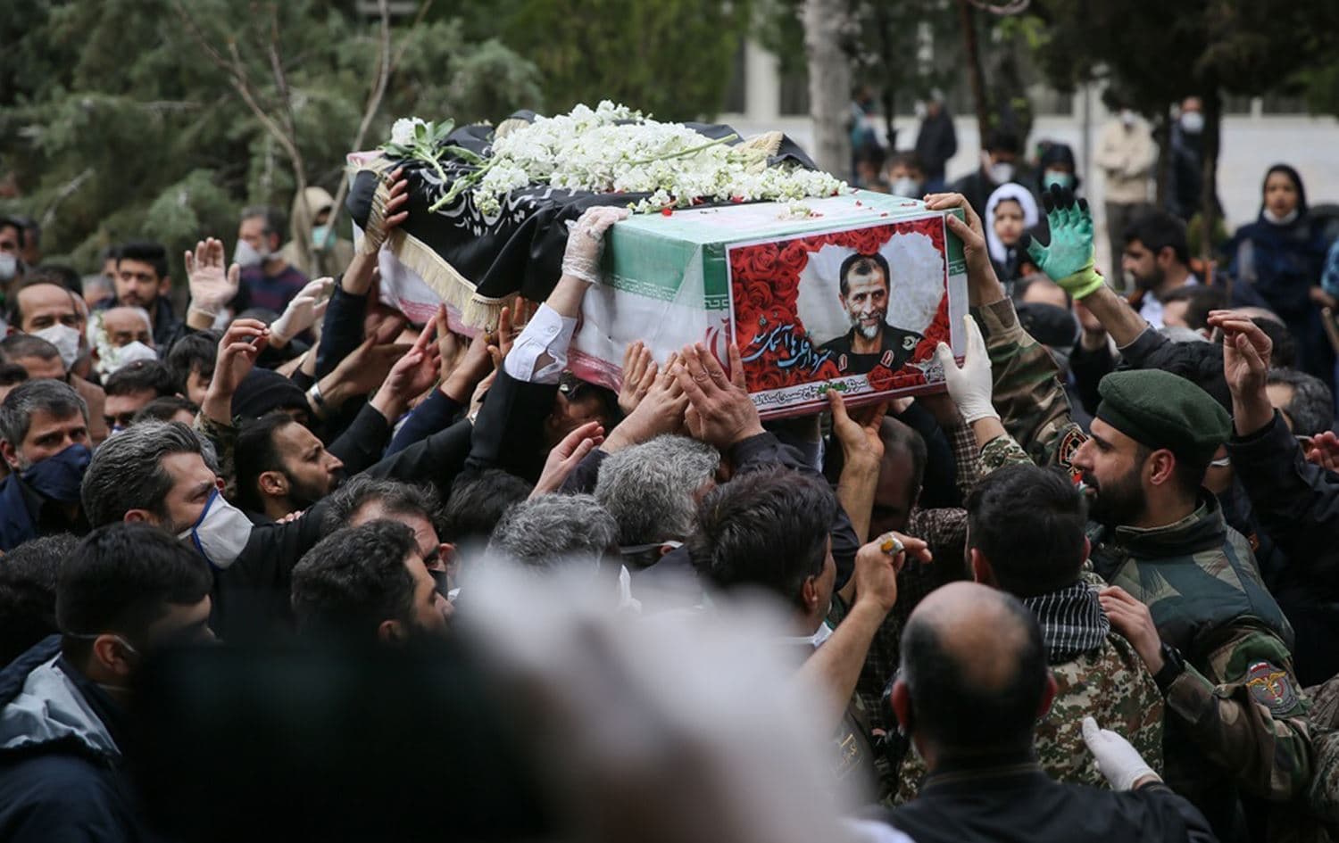 Funeral of IRGC commander Hossein Assadollahi in the western Tehran neighbourhood of Vardavard, March 23, 2020. Photo: Mohammad Mohseni Far / FARS