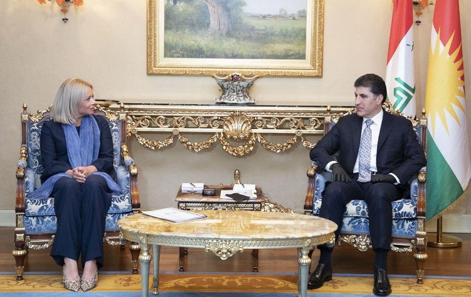 UNAMI chief Jeanine Hennis-Plasschaert (L) meets with Kurdistan Region President Nechirvan Barzani in Erbil, April 28, 2020. Photo: Office of President of Kurdistan Region