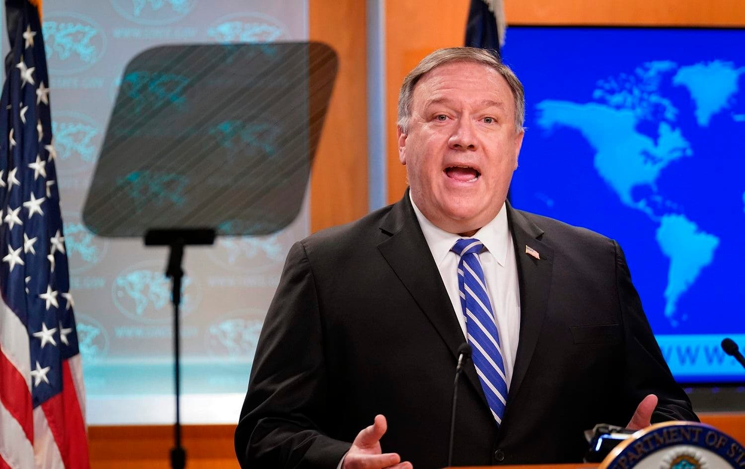 US Secretary of State Mike Pompeo speaks to reporters during a media briefing at the State Department in Washington DC, May 6, 2020. Photo: Kevin Lamarque / pool / AFP
