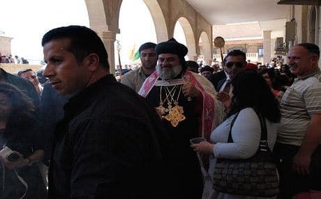 Patriarch of the Syrian Orthodox Church, Ignatius Aphrem II, visiting the displaced Christians at the Mar Mattai monastery. Photo: Judit Neurink
