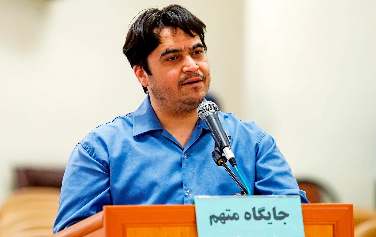Ruhollah Zam, a former opposition figure who had lived in exile in France and had been implicated in anti-government protests, speaks during his trial at Iran's Revolutionary Court in Tehran on June 2, 2020. Photo: Ali Shirband/ Mizan News/ AFP