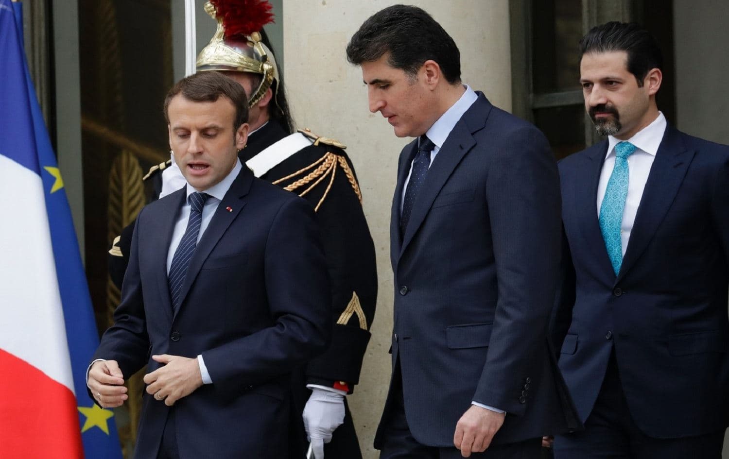 Then-KRG Prime Minister Nechirvan Barzani (center) and deputy PM Qubad Talabani (right) with French President Emmanuel Macron in Paris on December 2, 2017. File photo: Thomas Sanson/AFP