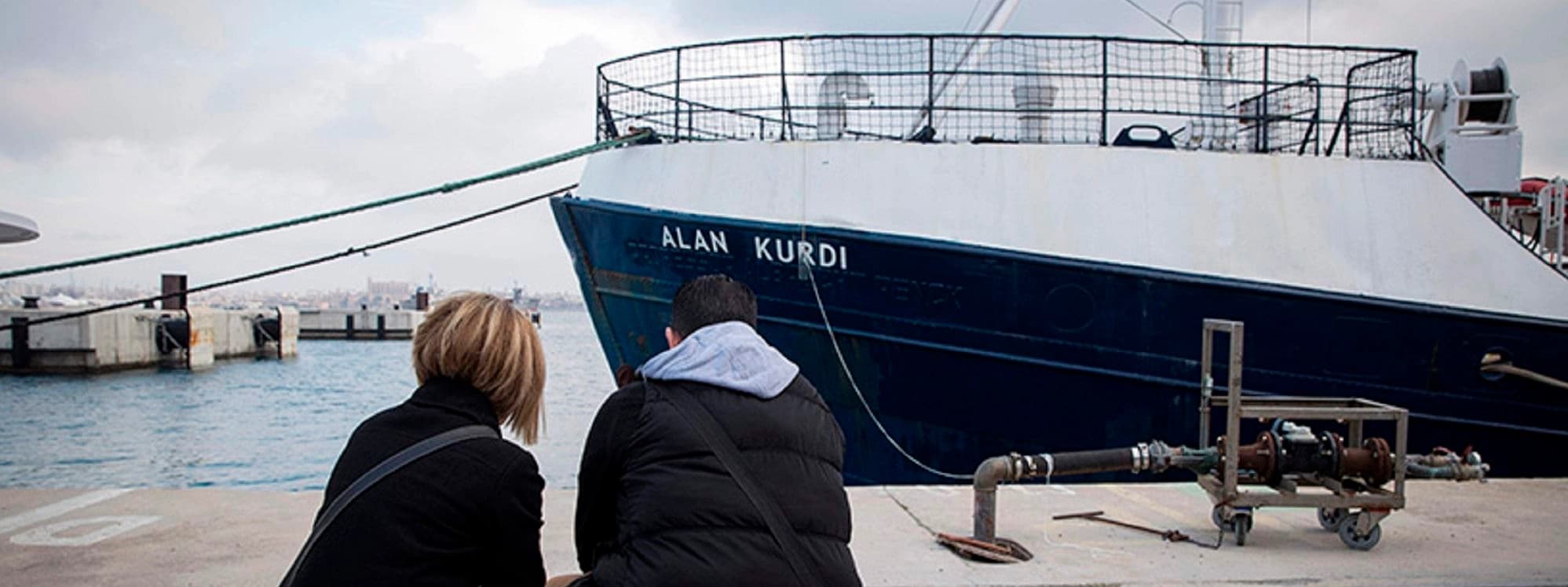 Alan's father Abdullah Kurdi and aunt Tima Kurdi in front of the Sea-Eye Alan Kurdi ship in February 2019. File photo: AFP