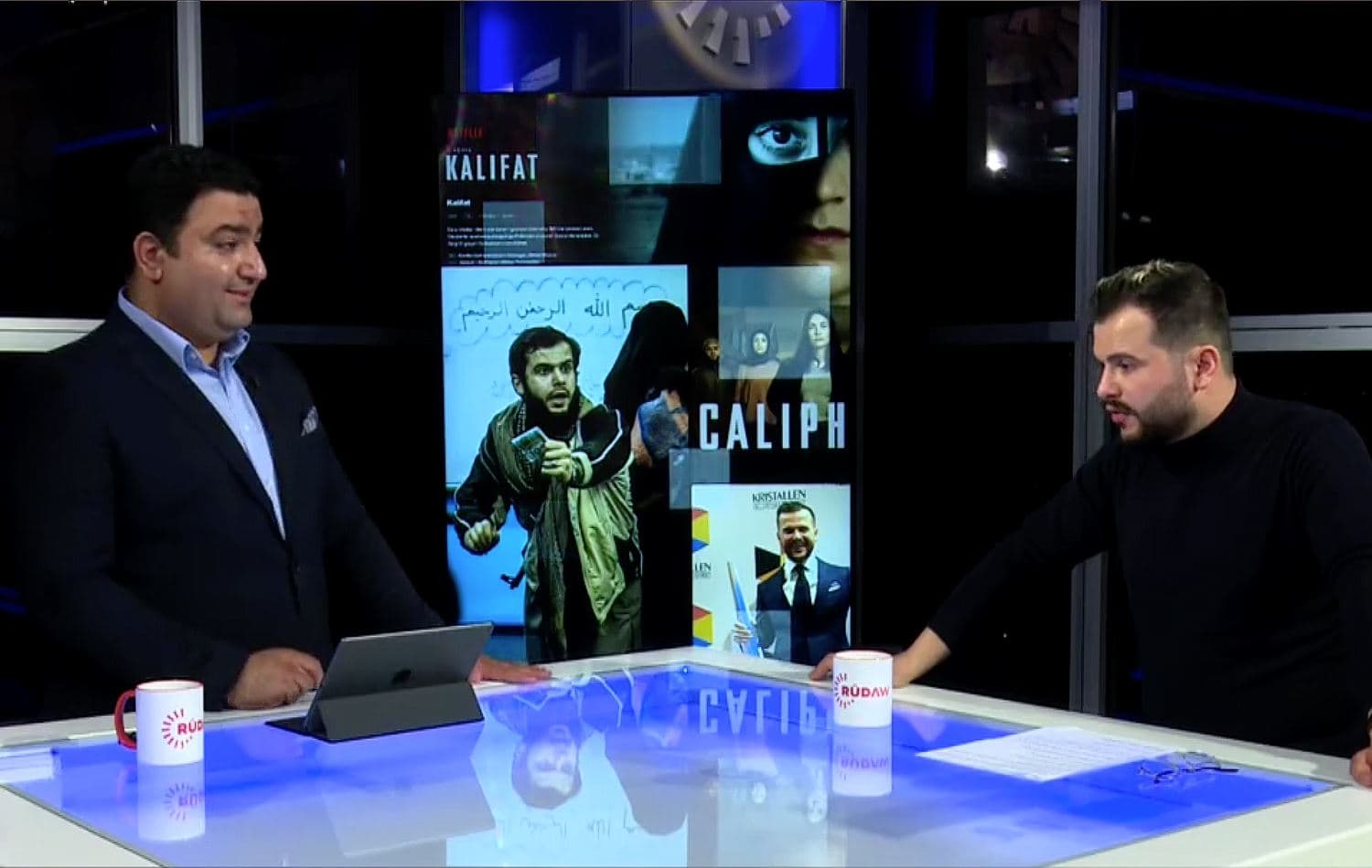 Amed Bozan (R) speaks on Rudaw TV about his role in the Netflix series Caliphate. Photo: Rudaw