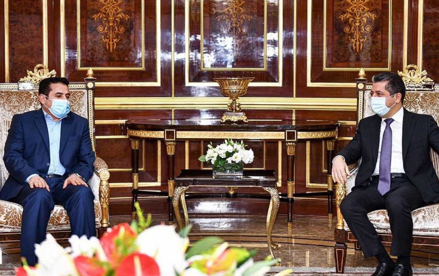 Iraq’s National Security Advisor Qassim al-Aaraji (left) speaks with Kurdistan Region Prime Minister Masrour Barzani in Erbil on September 27, 2020. Photo: handout/KRG