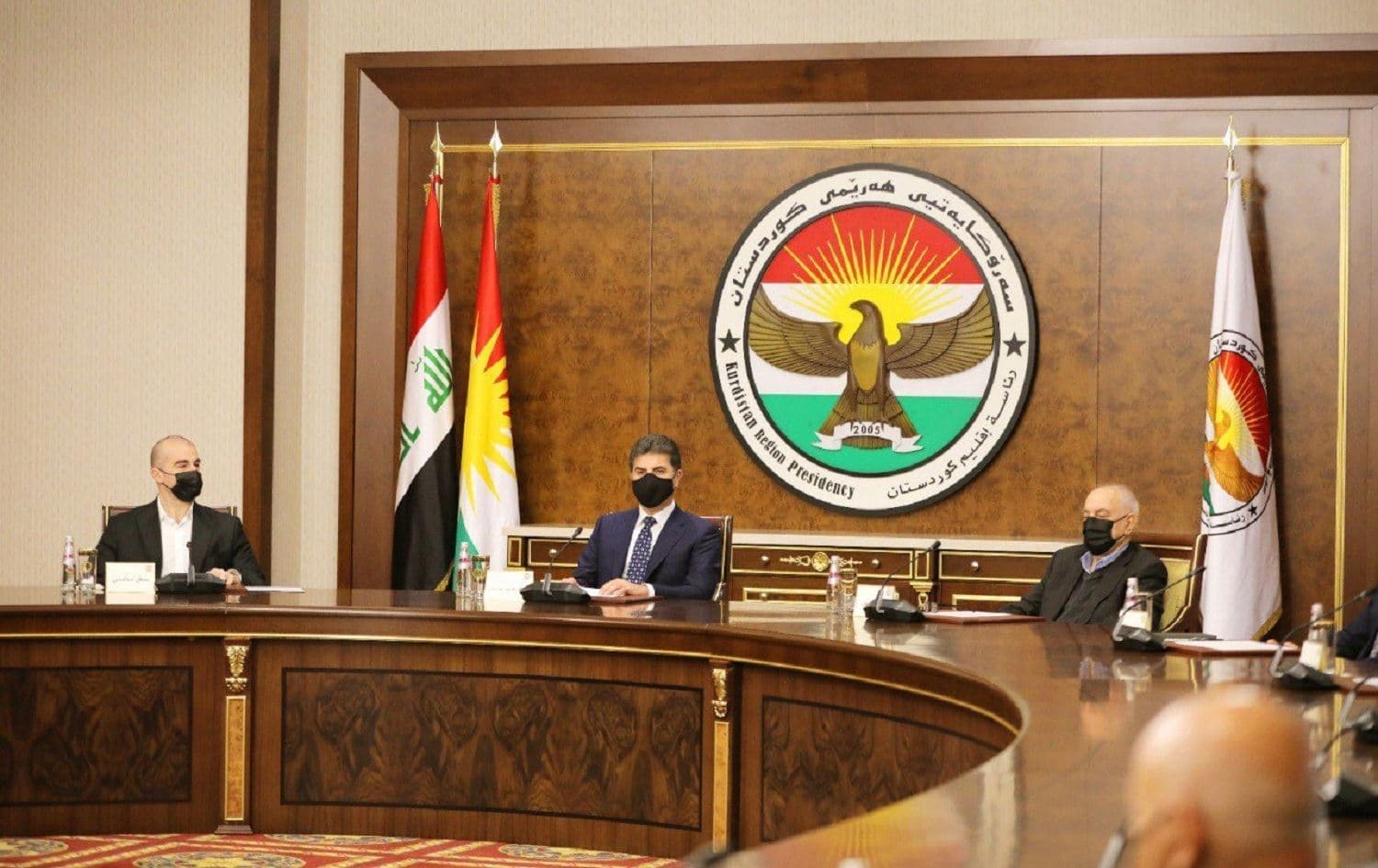 From left to right: PUK co-leader Bafel Talabani, KRG President Nechirvan Barzani, Omer Said Ali, general coordinator of the Gorran Movement. December 8, 2020. Photo: KRG