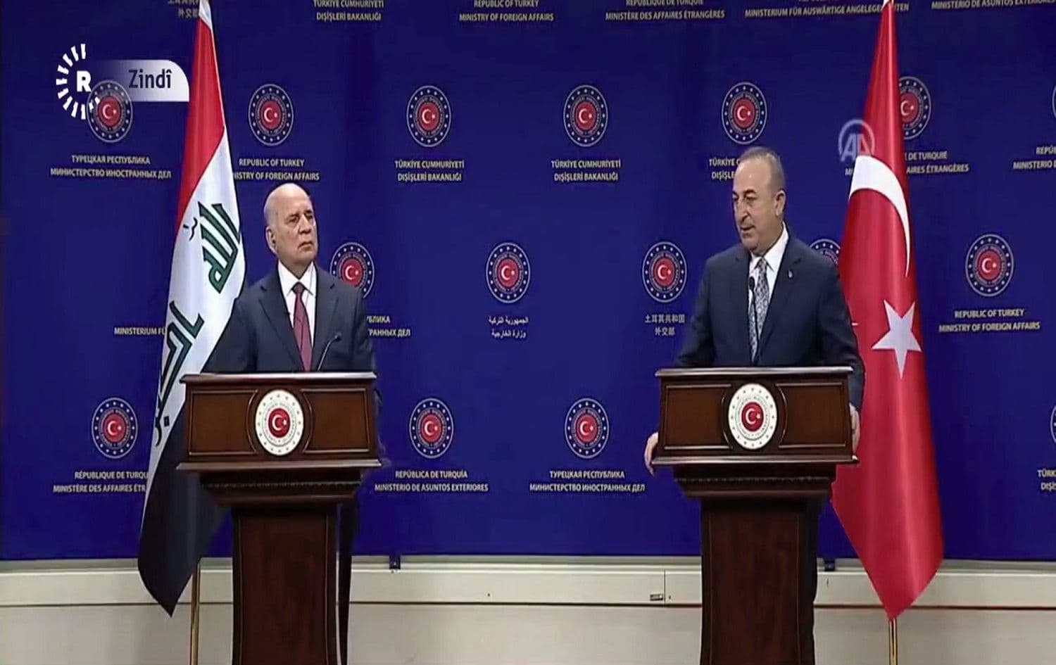 Iraqi Foreign Minister Fuad Hussein and Turkish Foreign Minister Mevlut Cavusoglu (right) during a press conference in Ankara on December 16, 2020. Photo: screenshot / Rudaw