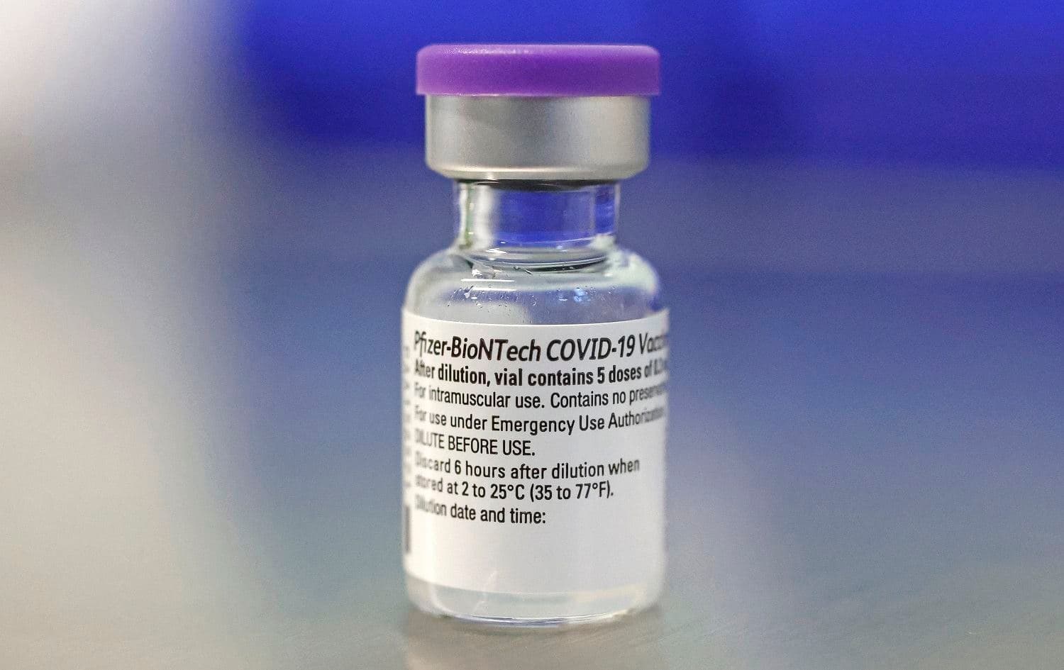 A vial of the Pfizer vaccine against the COVID-19 coronavirus is displayed at Sourasky Medical Center in Tel Aviv, Israel on December 20, 2020. Photo: Jack Guez/ AFP