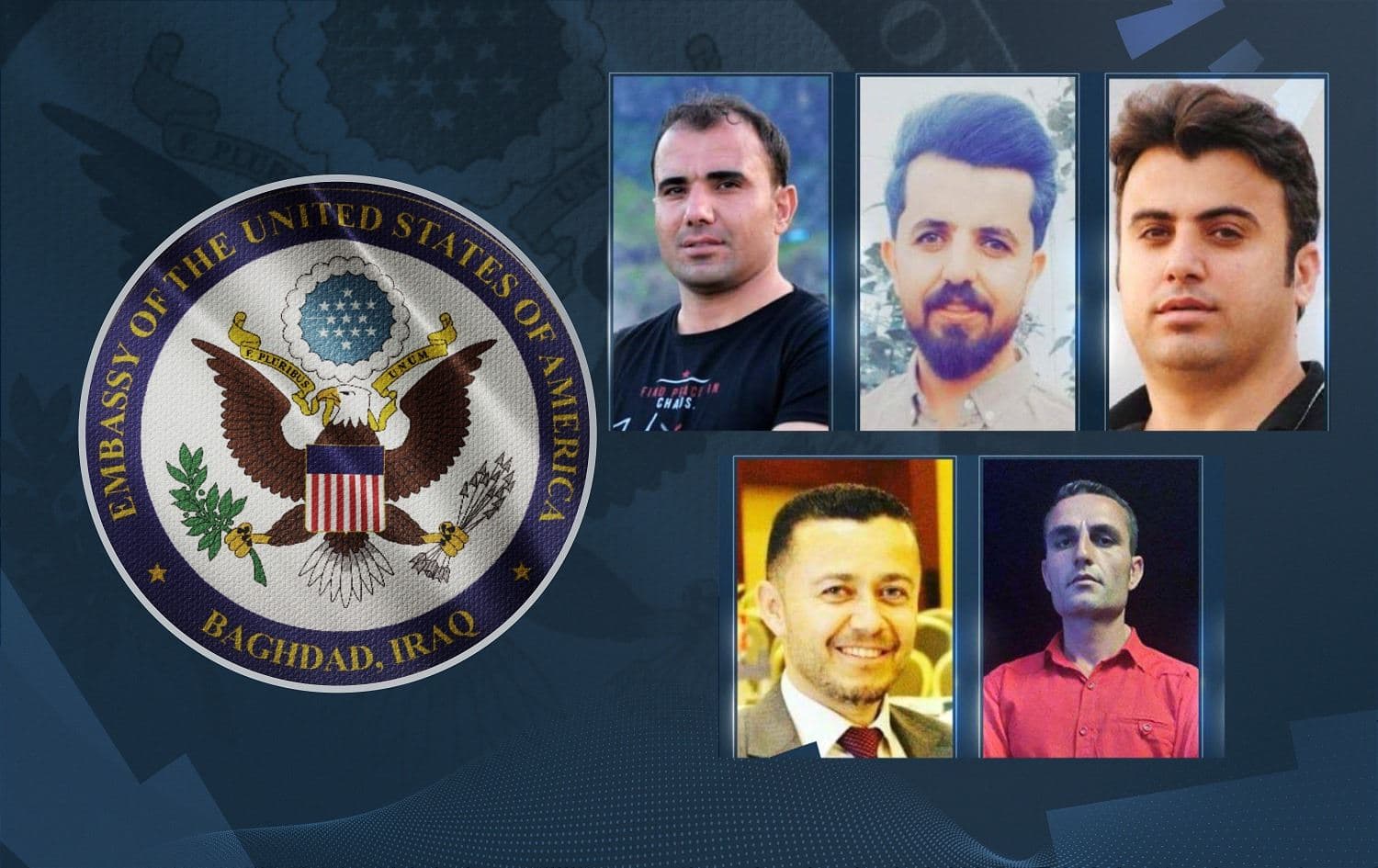 From top left: Guhdar Zebari, Hariwan Issa, Sherwan Sherwani, Shvan Saeed, and Ayaz Karam. Photos: social media; Graphic: Abdulbasir Ibrahim/Rudaw