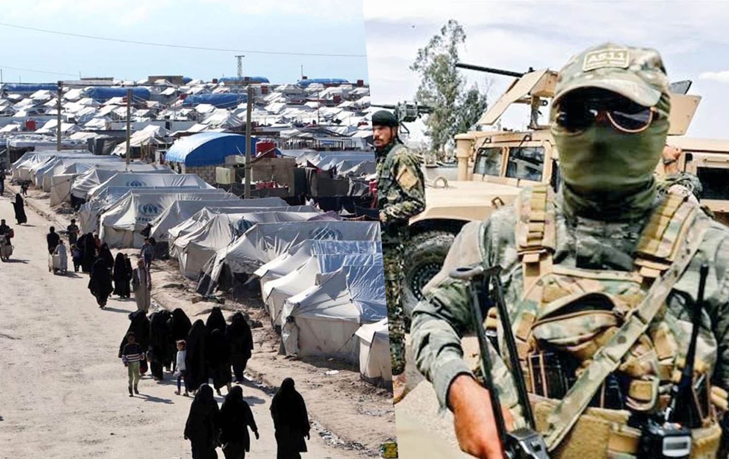 On the left: Syria's al-Hol camp; on the right: members of the Syrian Democratic Forces (SDF). Photos: handout/SDF; Graphic: Ahmed Bahram/Rudaw