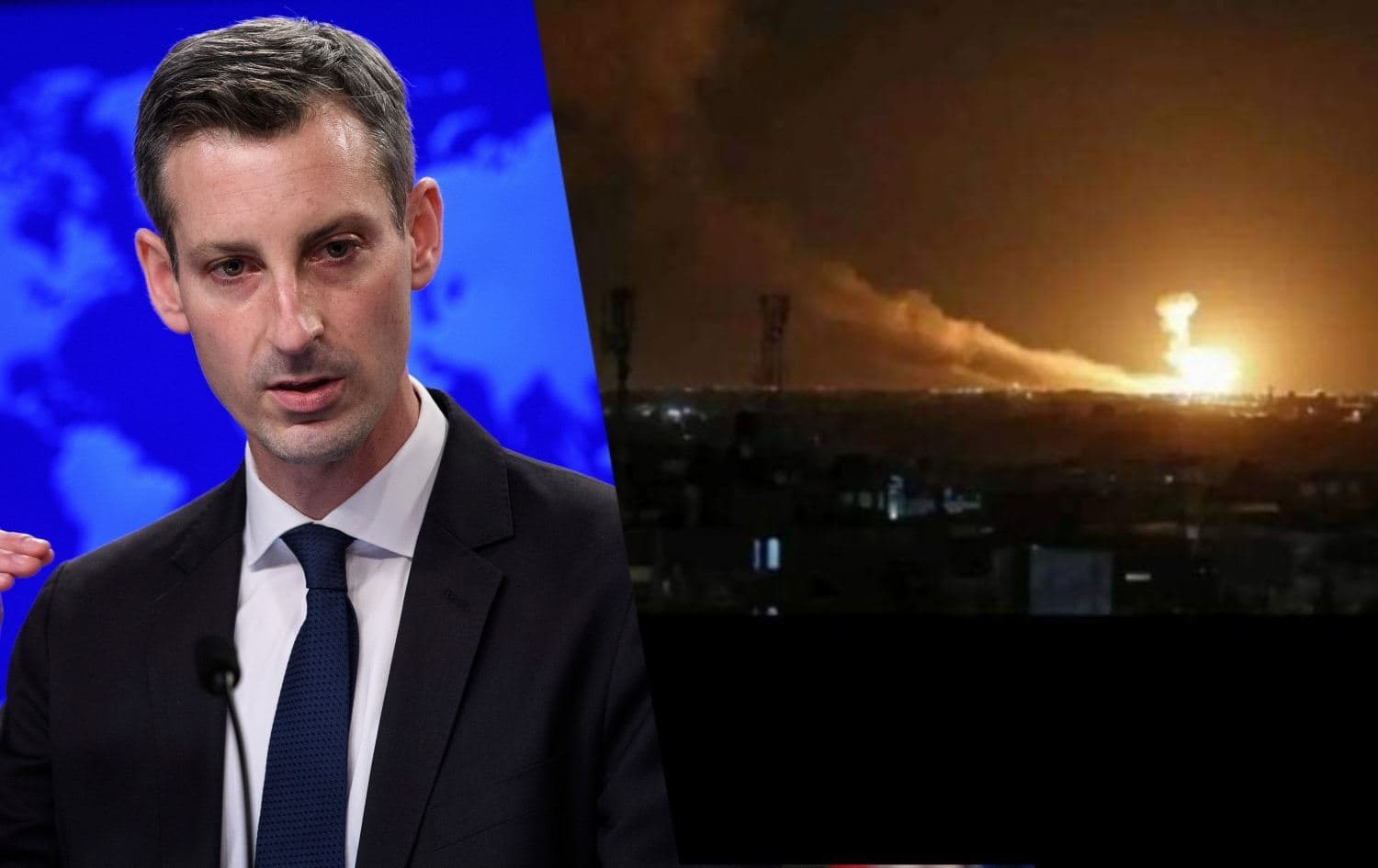An AP photo of US State Department spokesperson Ned Price, and a photo submitted to Rudaw of the Wednesday rocket attack.