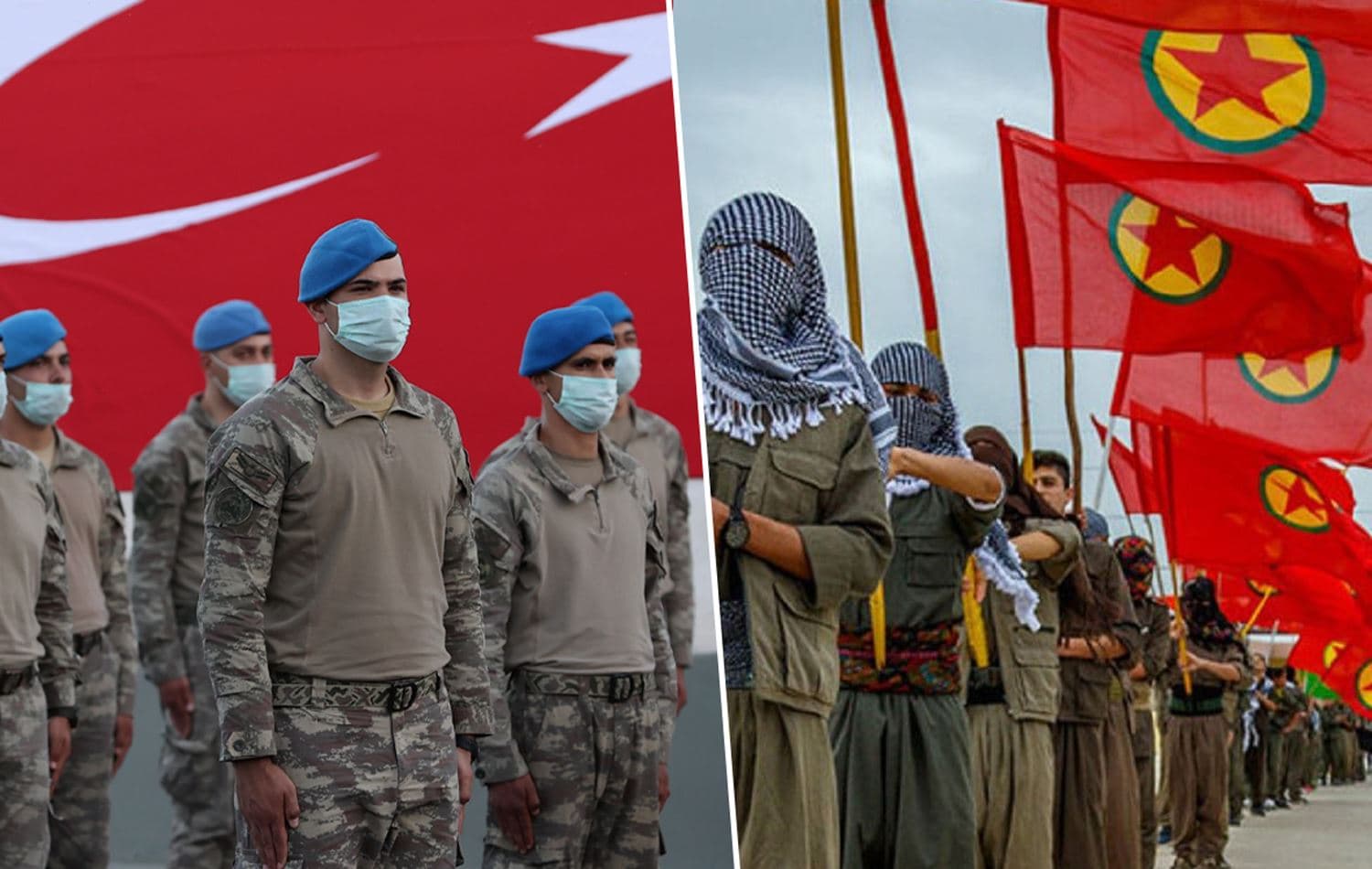 Left: Turkish soldiers stand in front of a large national flag. File photo: Turkish Defence Ministry. Right: PKK fighters carry flags and banners bearing the image of founder Abdullah Ocalan. File photo: PKK media. Graphic: Sarkawt Mohammed/Rudaw