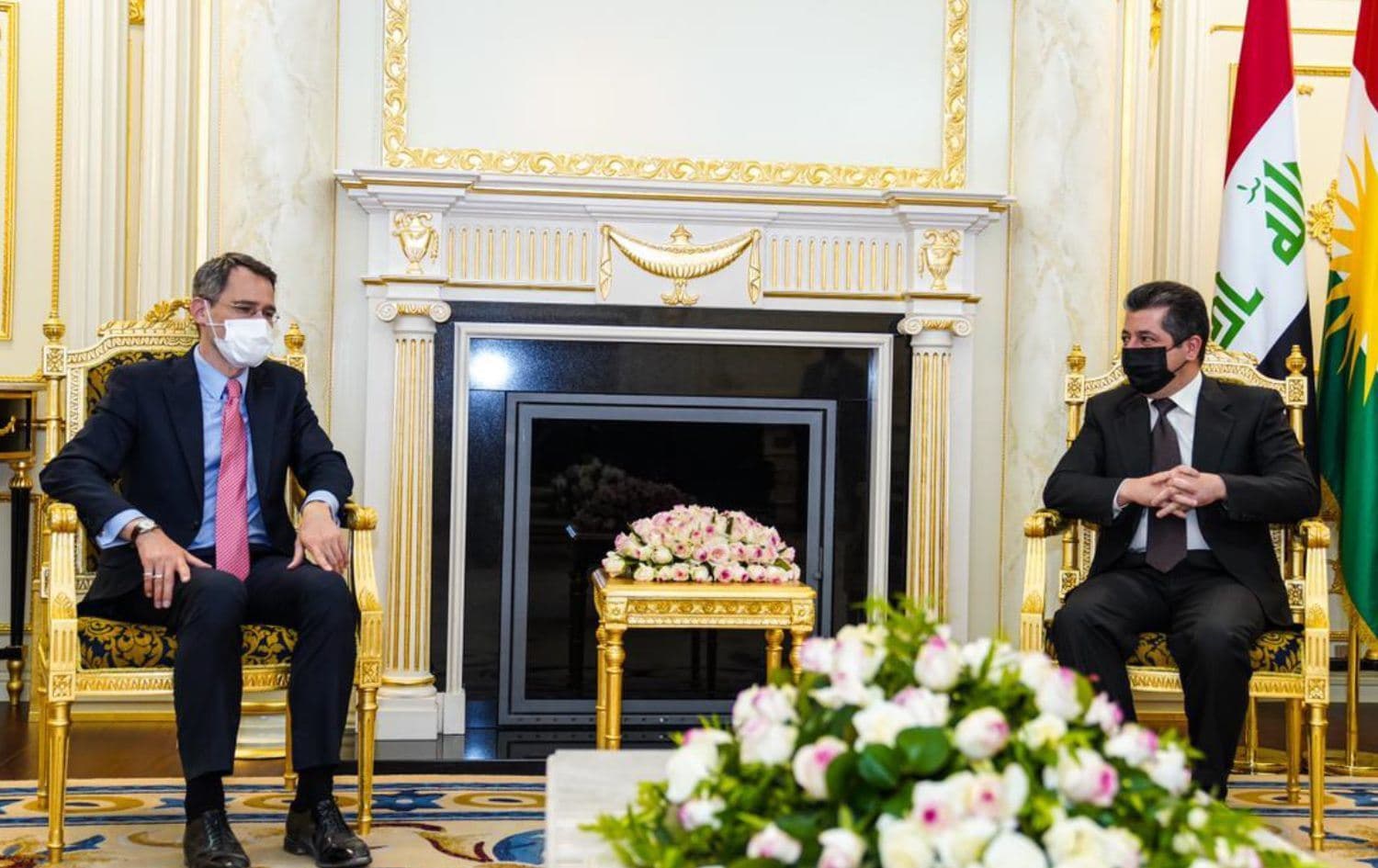 Kurdistan Region Prime Minister Masrour Barzani (right) receives US Acting Assistant Secretary for Near Eastern Affairs Joey Hood (left) in Erbil on May 16, 2021. Photo: handout/KRG