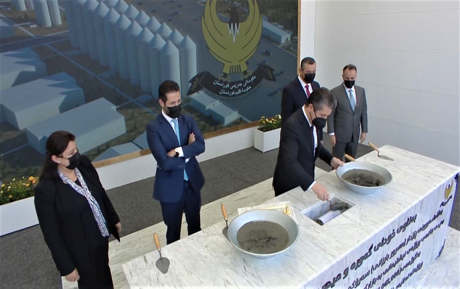 KRG lays the foundation stone for the Wheat Marketing Project in Sulaimani on May 23, 2021. Photo: Rudaw/Screenshot