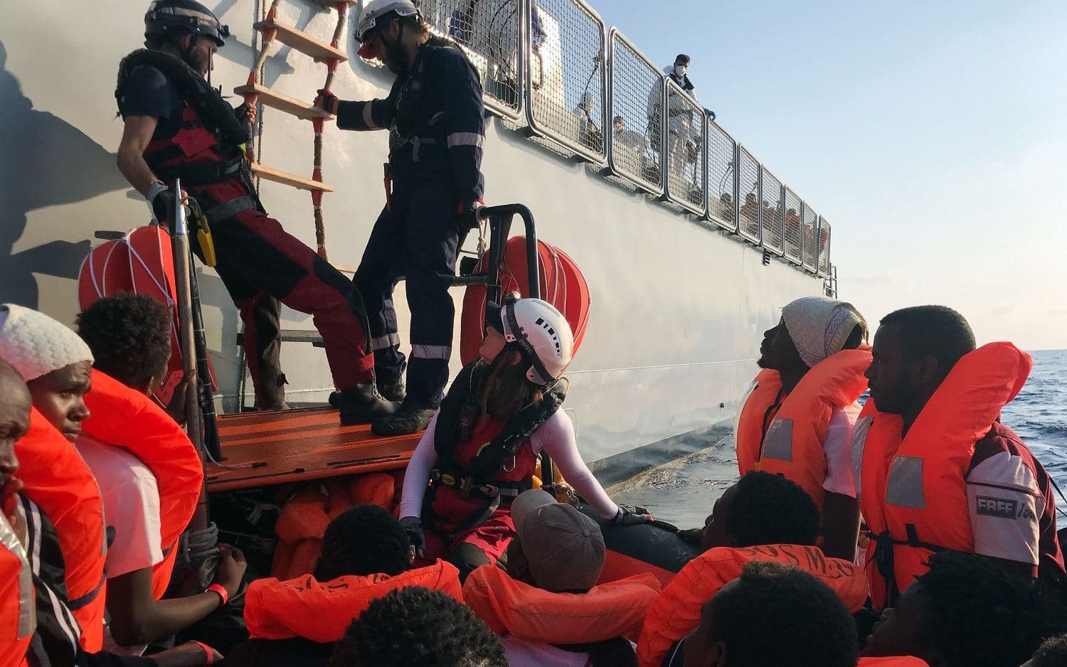 Migrants rescued by the Norwegian-flagged Ocean Viking rescue ship. Photo: ANNE CHAON/AFP