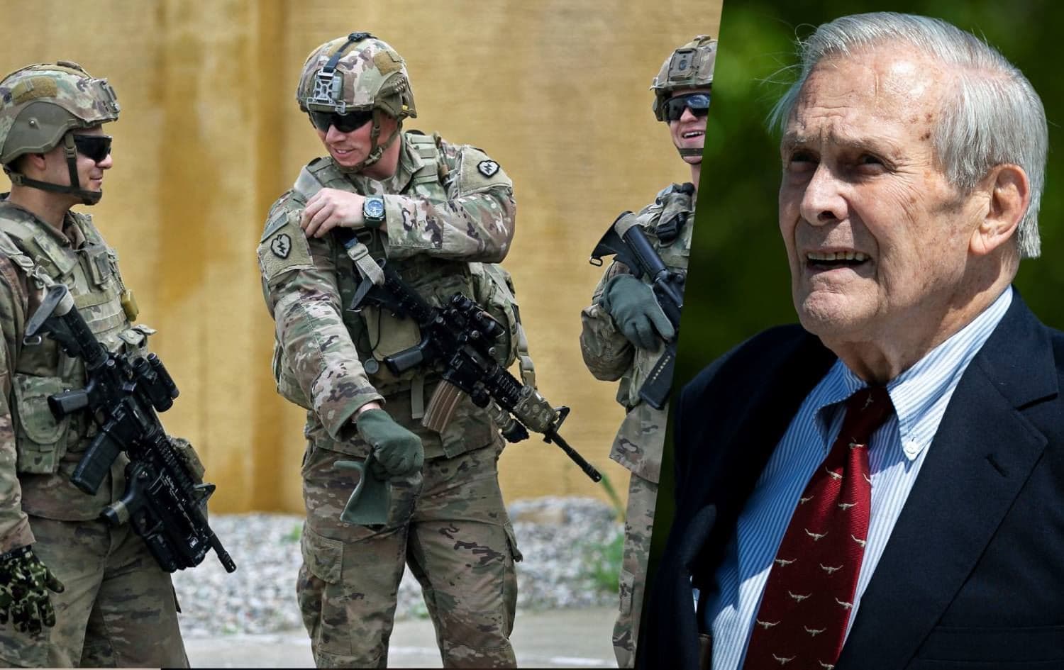 Donald Rumsfeld û hejmarek serbazên Amerîkî.