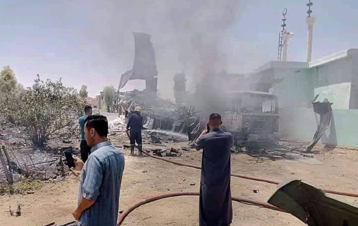 A truck burns in al-Baghdadi, Anbar at the scene where 14 rockets were fired at Ain al-Asad airbase on July 7, 2021. Photo: handout/Iraq’s Security Media Cell
