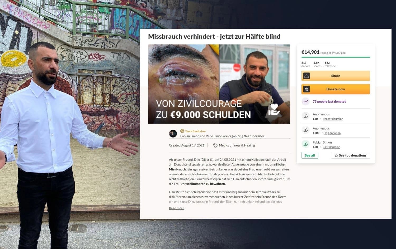 From left: Diljar Adnan Said recounts and a screengrab from the fundraising campaign for him. Photo: submitted